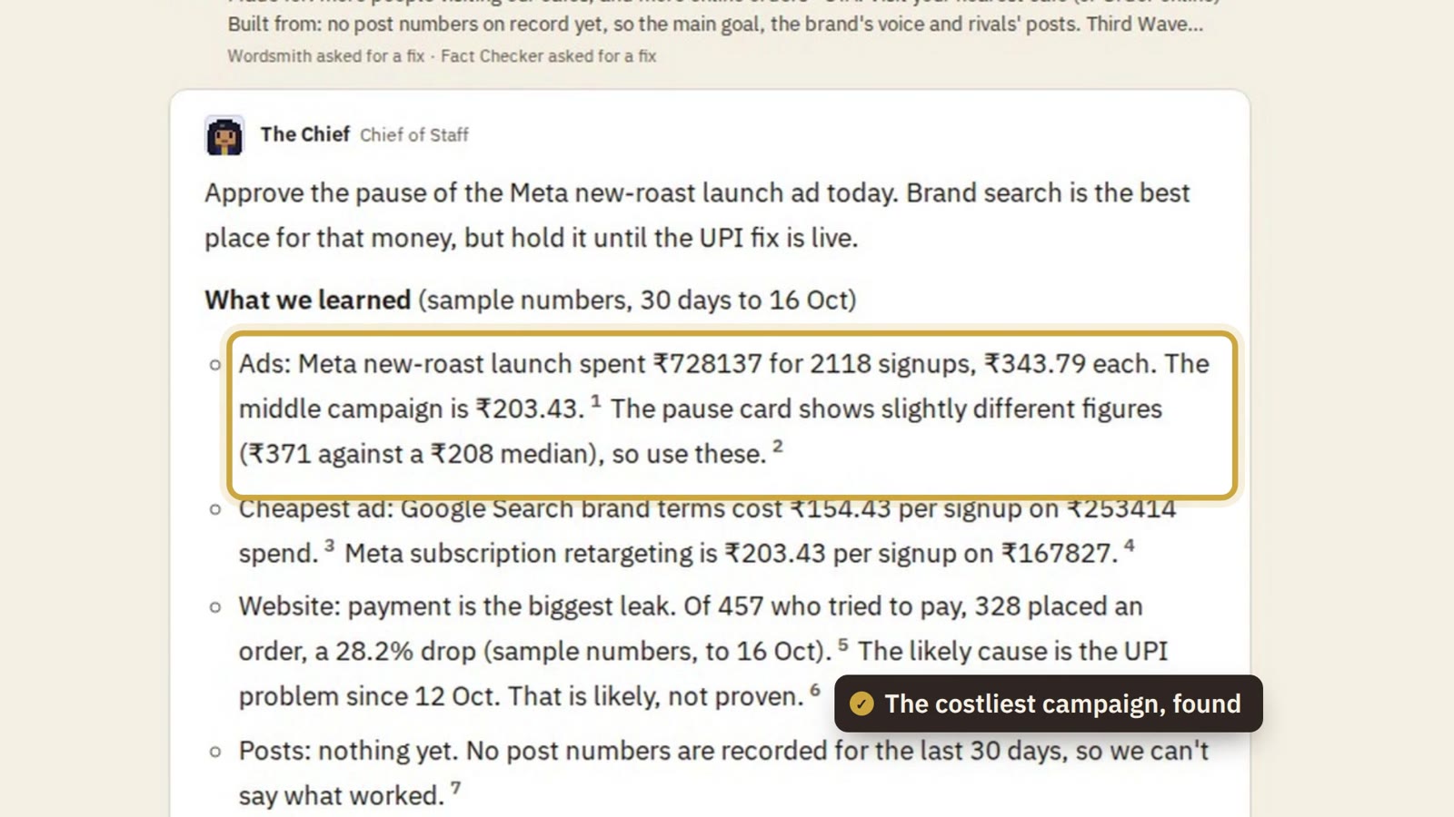 The Chief's answer: the costliest campaign, found (sample numbers)