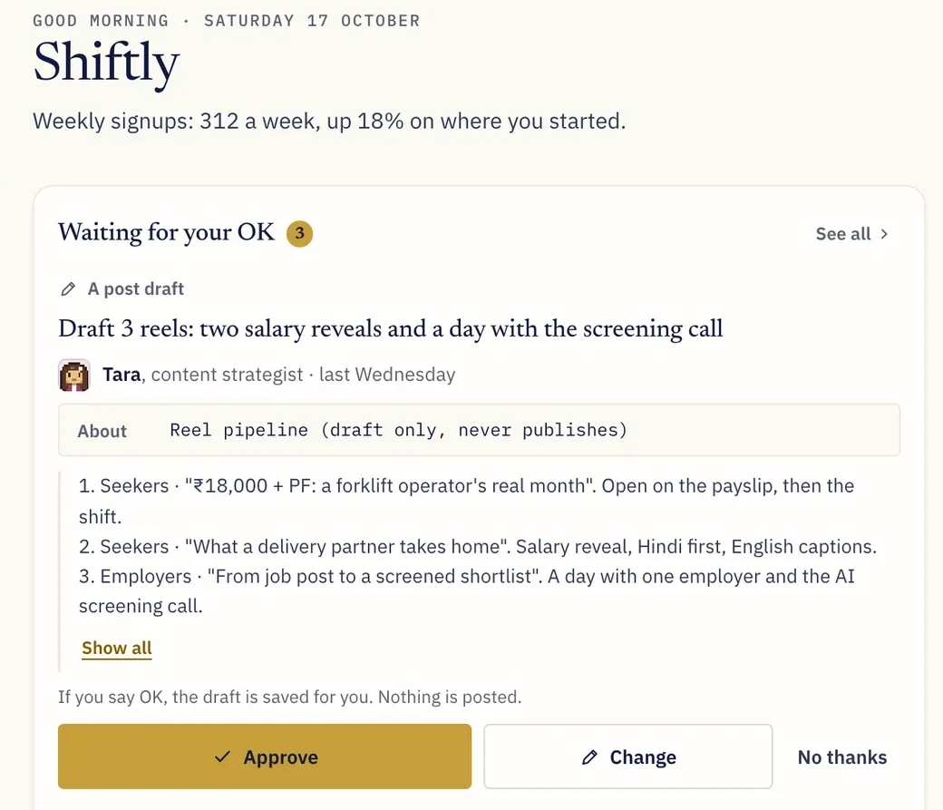 The app's home in the morning: a line on how the business is doing and the first draft waiting for your OK, with Approve, Change and No thanks.