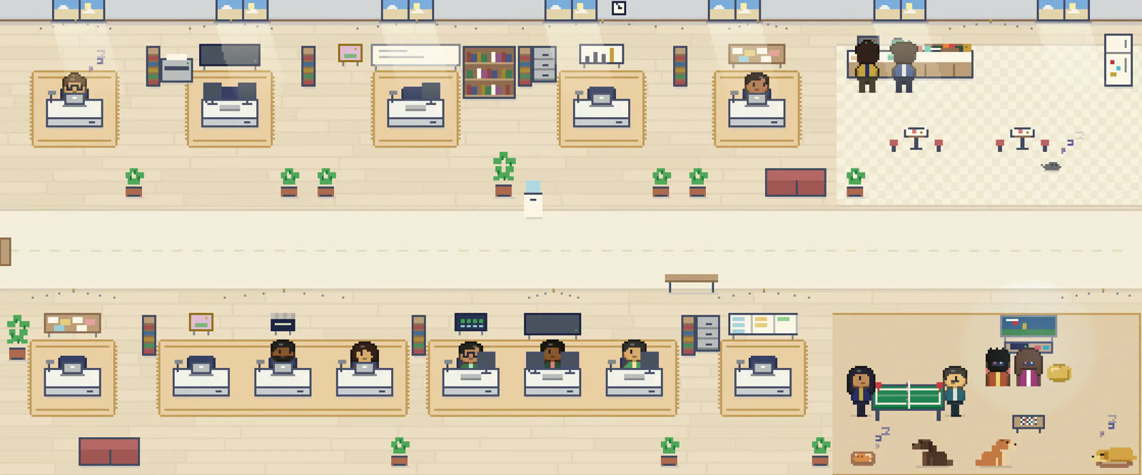 The pixel office in daylight: Allevia's team at their desks, and the office dogs in the game room