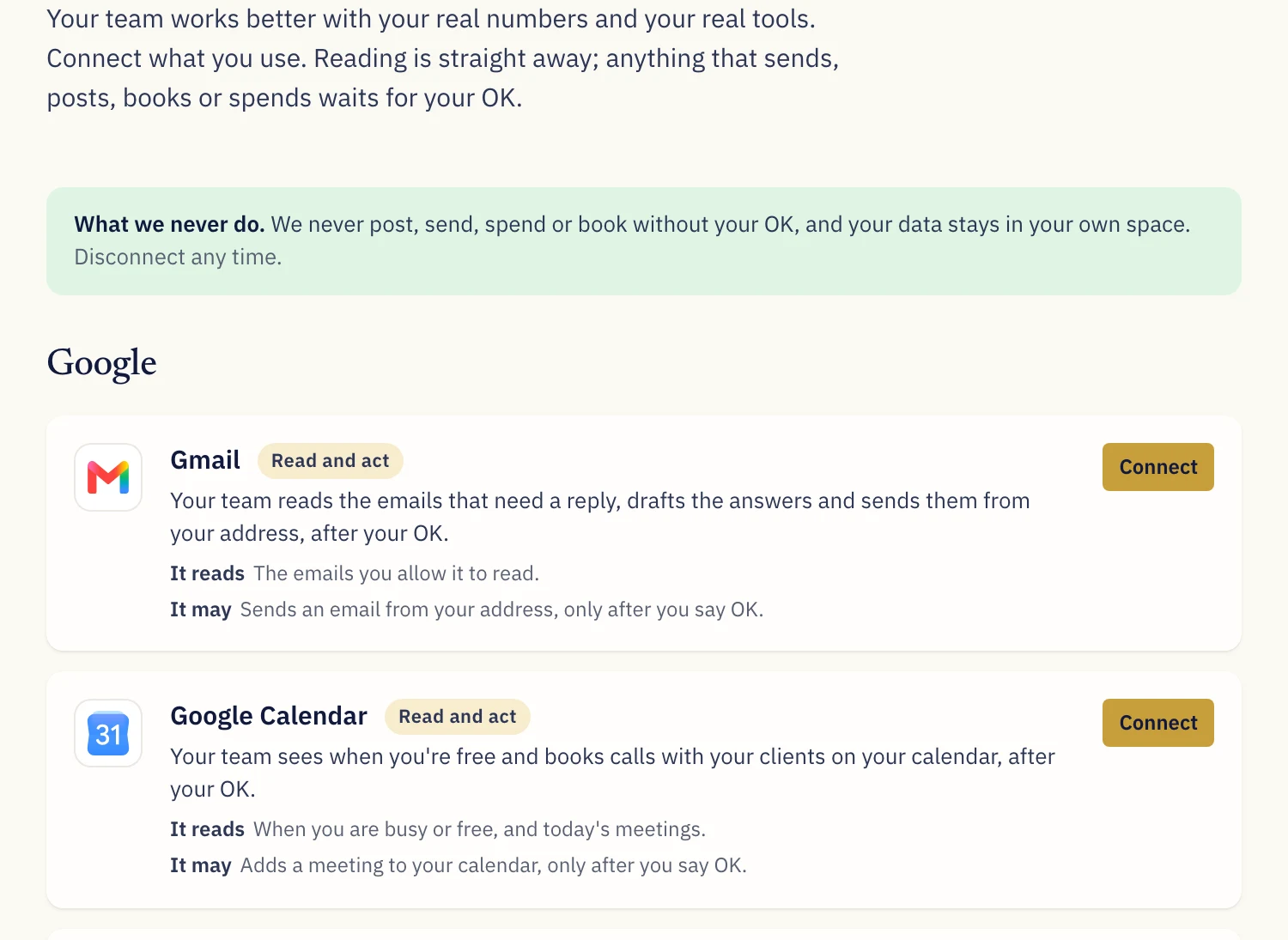 Your tools: Gmail, Google Calendar and Google Analytics, with what each one reads and may do.