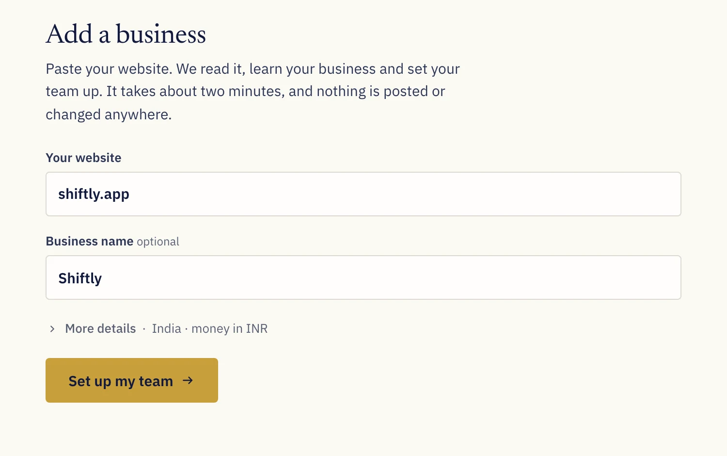Add a business: paste your website and the business name, then Set up my team.