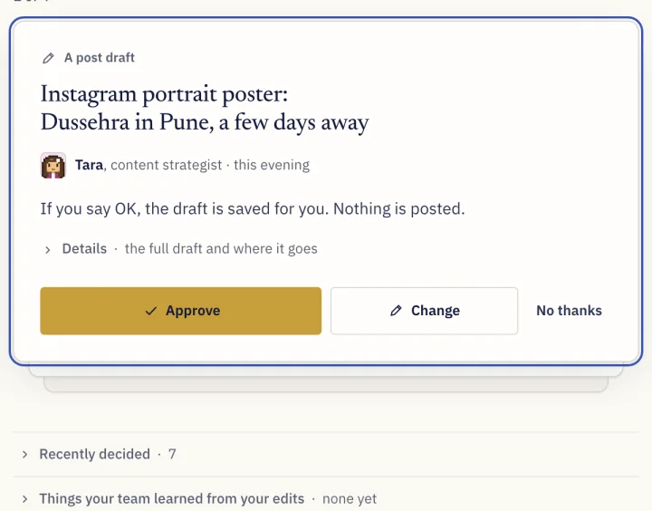 A card waiting for your OK: an Instagram poster draft by Miss Influencer, with Approve, Change and No thanks.